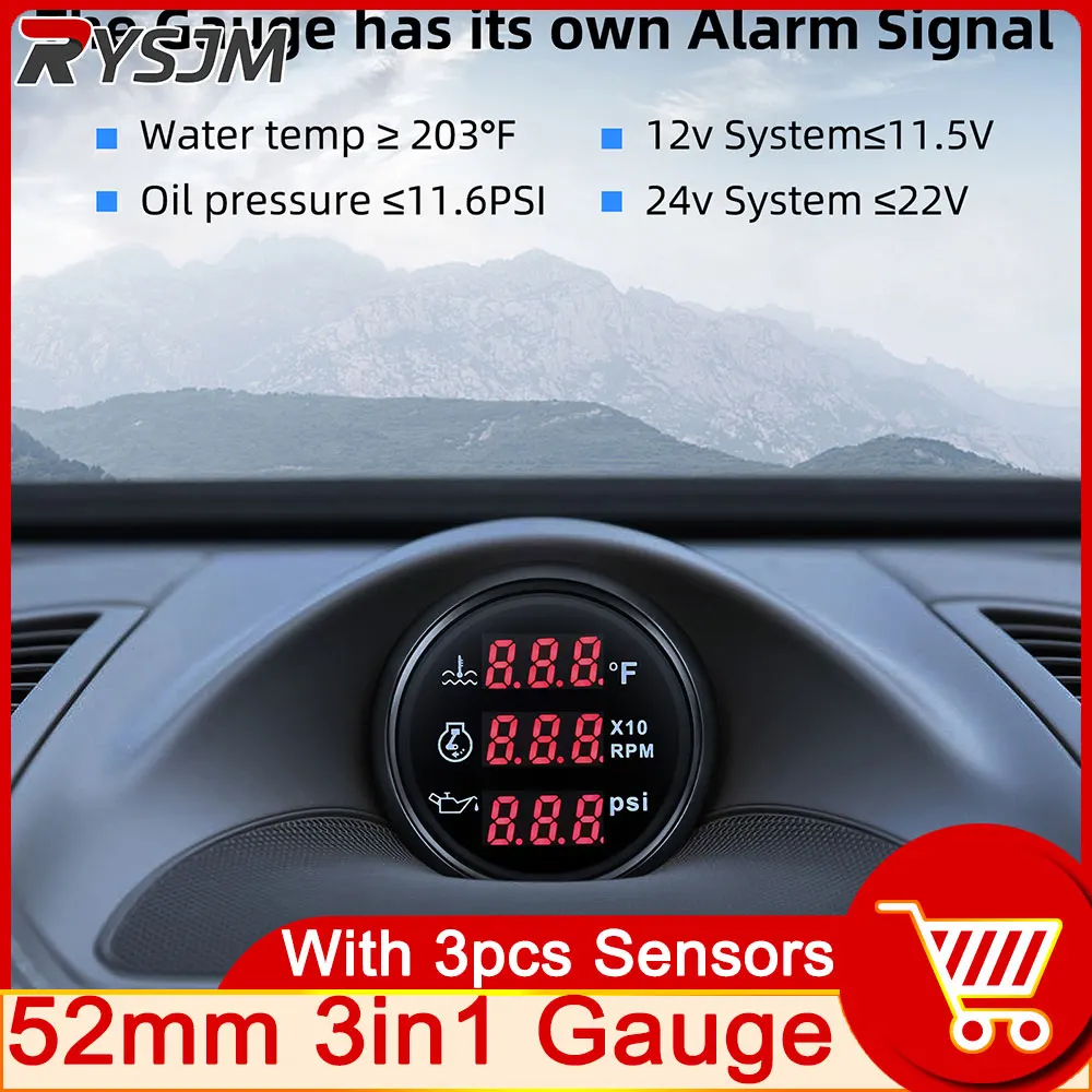 3 IN 1 Car Digital Gauge + Sensor 52mm Tachometer  Oil Pressure Water Temp Gauge With Alarm Temperature Sensor NPT 1/8 RPM Senso