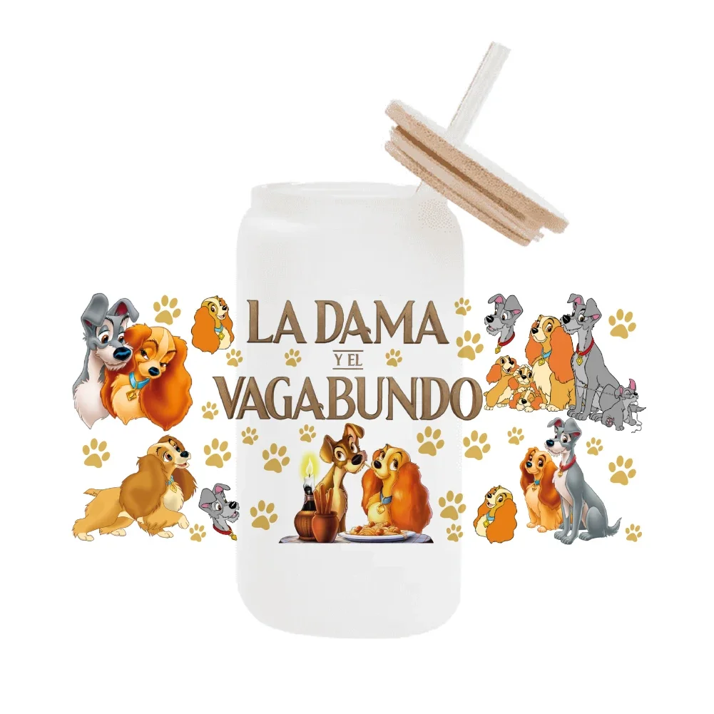 Disney Lady i Tramp dla Libbey 16oz puszka szklana 3D wodoodporna UV DTF kawa może owinąć Libbey szklana folia