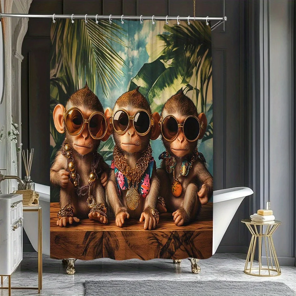 Funny Monkey Shower Curtain - Three Monkeys with Sunglasses, Tropical Jungle Print, Waterproof Bathroom Decor, Multiple Sizes
