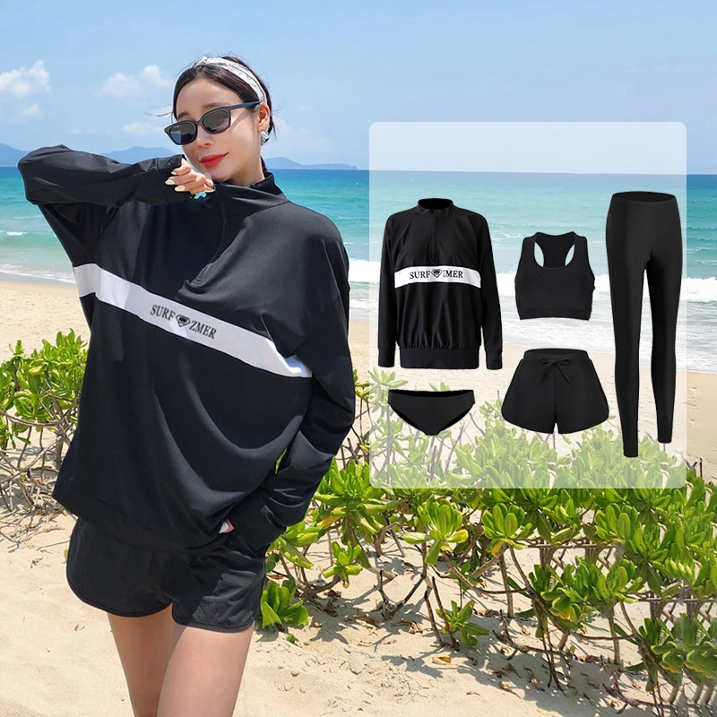 Long Sleeve Rash Guard Women Solid 5 Pieces Loose Coat Swimsuit Zipper Swimwear Bathing Suit Pad Long Pant Couples Men 3 pieces