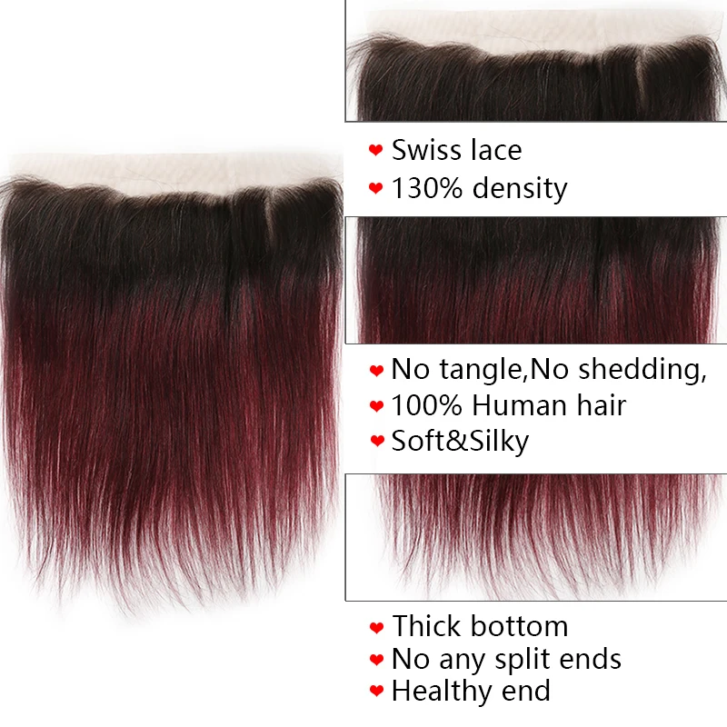 99J/Burgundy Bundel Rambut Manusia Lurus Brasil dengan Depan 13X4 SOKU Ombre Bundel Jalinan Rambut Merah dengan Penutupan Rambut Remy