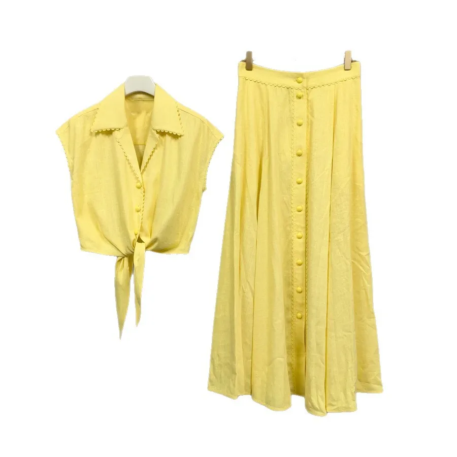 

Spring Summer 2026 Lemon Yellow Shirt And Long Skirt Set Waist Cinched Tie Design Holiday Style Short Shirt Long Skirt Ensemble