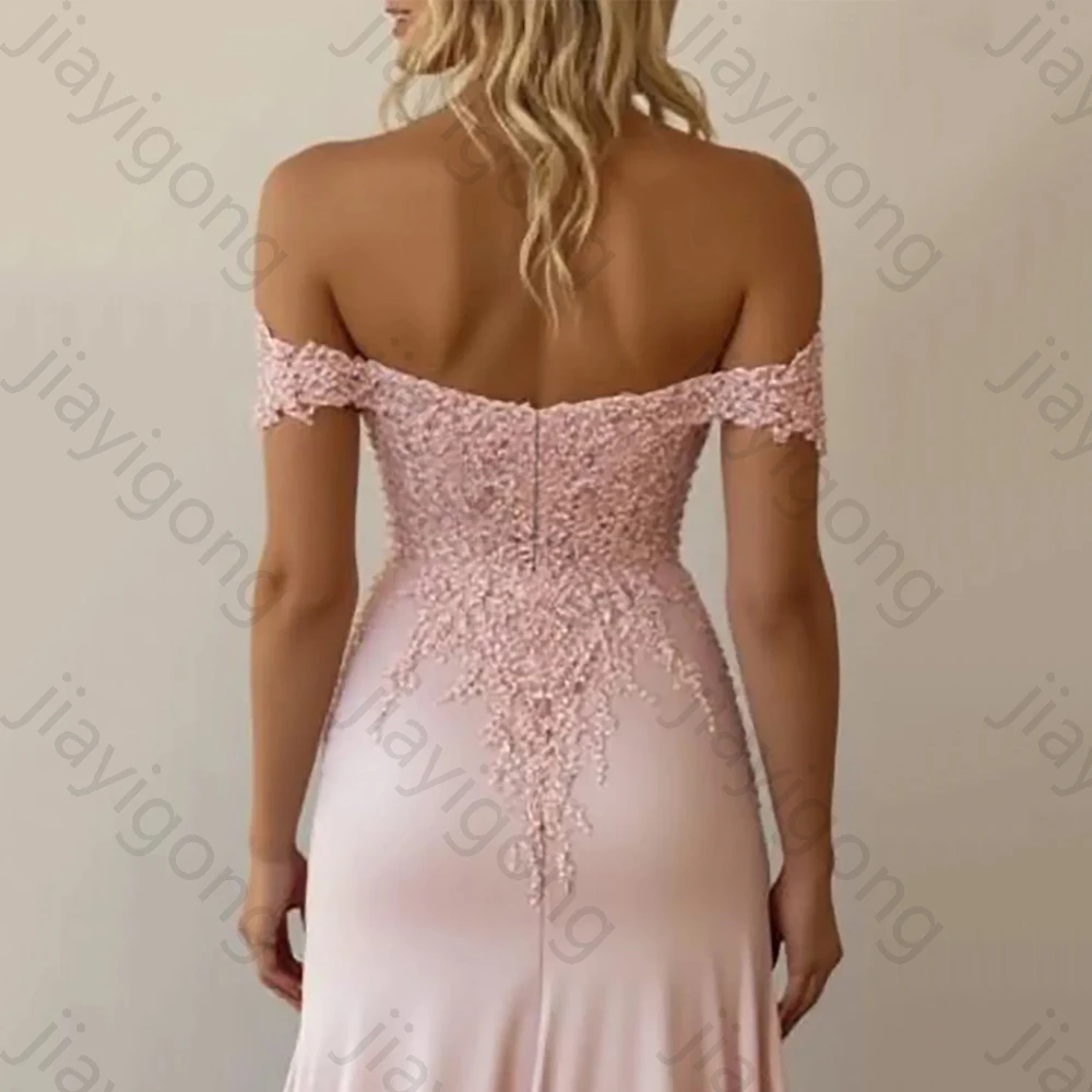 Una línea de satén fuera del hombro vestidos largos de fiesta de encaje exquisitos vestidos de fiesta de noche sin espalda de alta calidad para mujeres personalizados