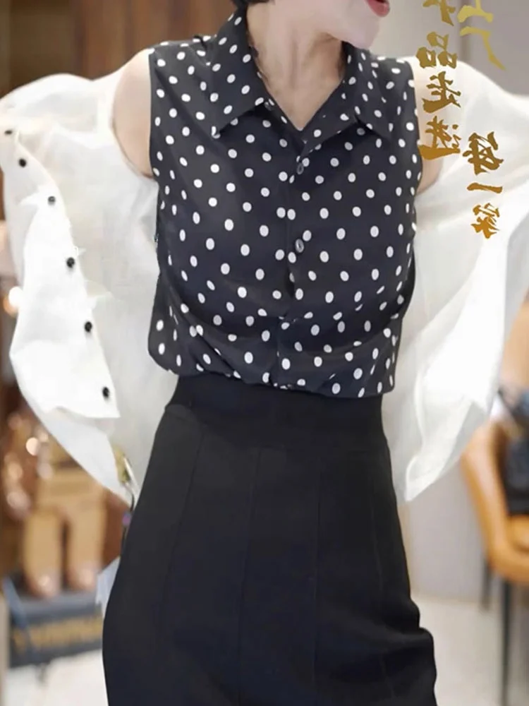 Polka Dot Design Single Button Svel irt 2025 Summer Faion Top Slimming Korean Sle Straight Cut Silk Vest