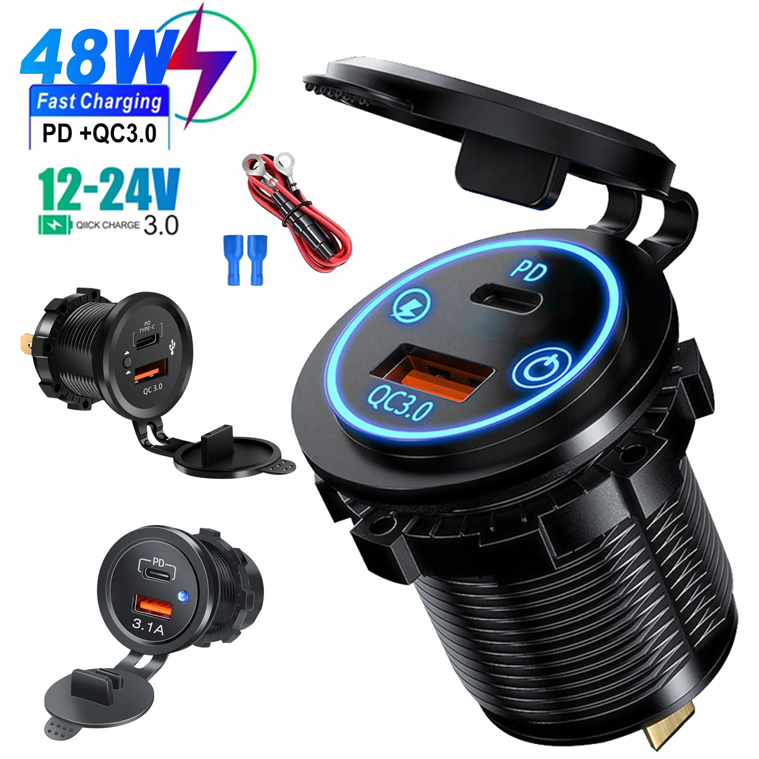 48W PD QC3.0 Autoladegerät mit Knopf, Schnellladesteckdose, wasserdicht, für 12V/24V Motorrad, LKW, Boot