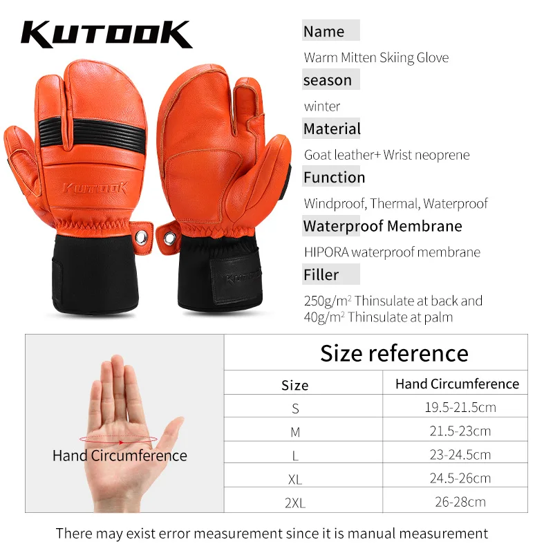 KUTOOK Goat Skin Winter Ski Gloves Mittens Thermal Skiing Snowboard Gloves for Men Leather Mountaineering Protection Accessories