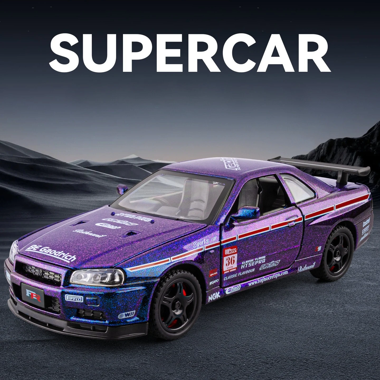 1:32 R34 Charger W25K LP750-4 LP770-4 Sport Car Model Sound Light Diecast Vehicle Gift Miniature Voiture