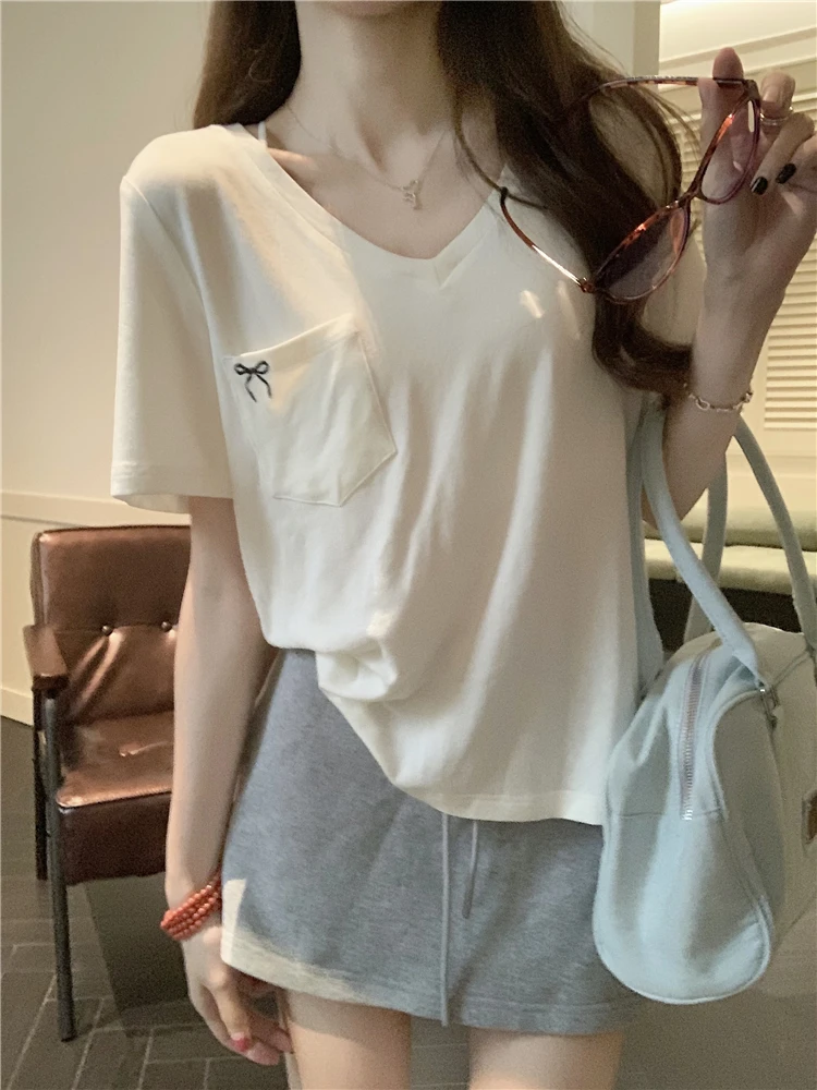 

Graphic Bow Pocket T-Shirt V-Neck Women Casual Cotton White T Shirts Top #korean y2k cloth e-girl fairycore 00s grunge aesthetic