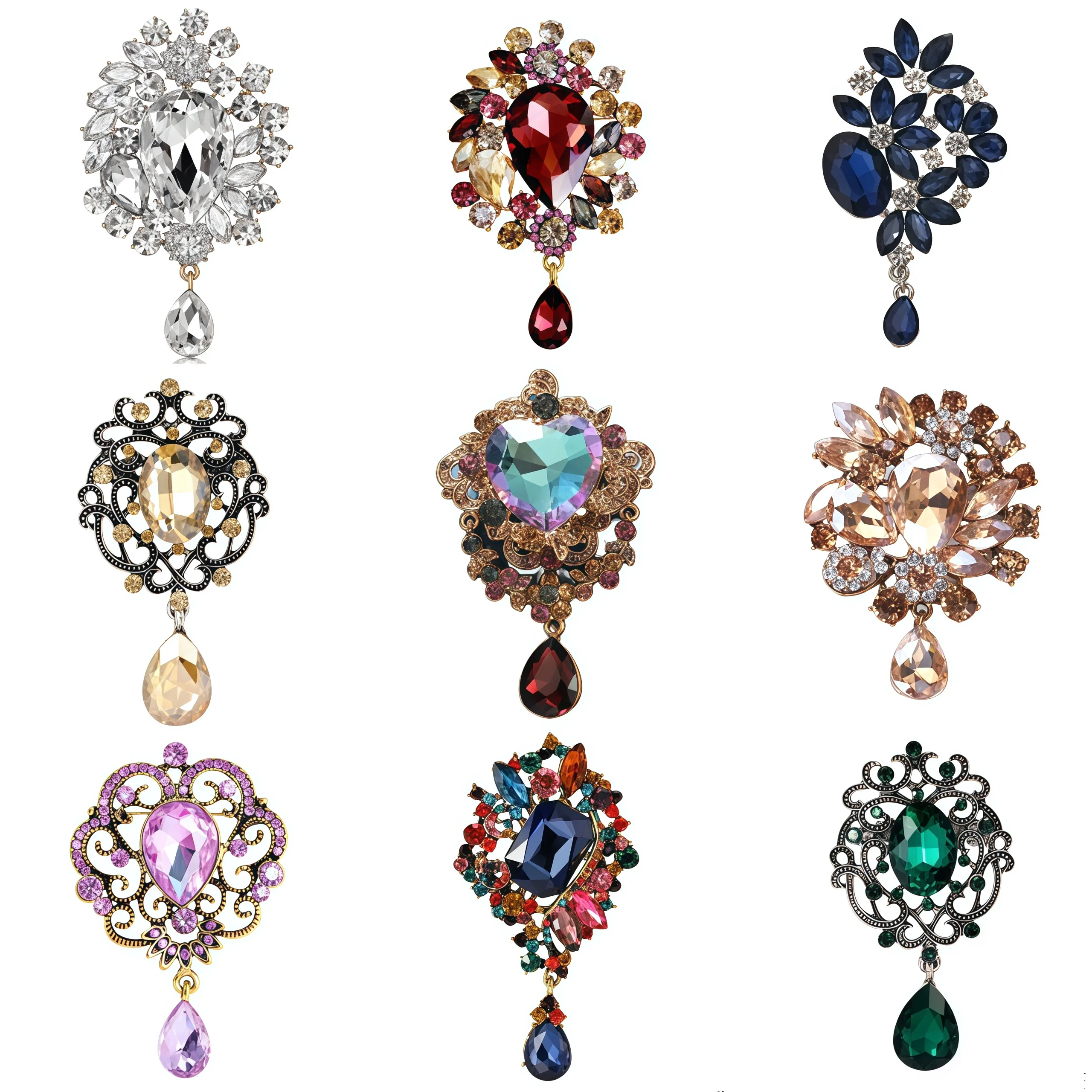 Essh&Pule Vintage Baroque Statement Brooch Dangle Crystal Rhinestone Ornate Lapel Pin Luxury Women Wedding Coat Jewelry Gift