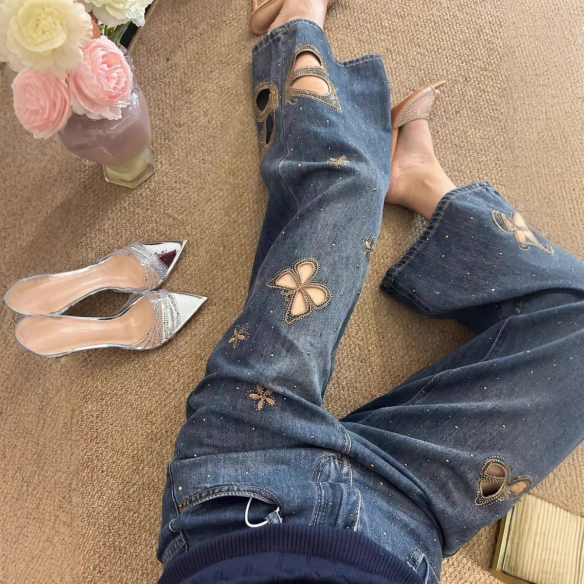 

Heavy Industry Butterfly Embroidery Rhinestone Hollow Out Jeans For Women 2025 Autumn High Waist Loose Slimming Straight Wide
