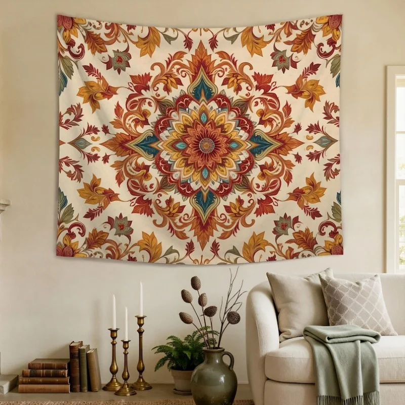 VIKAMA Retro Flower Mandala Tapestry Bohemian Ethnic Style Polyester Fiber Wall Hanging Living Room Bedroom Room Decoration