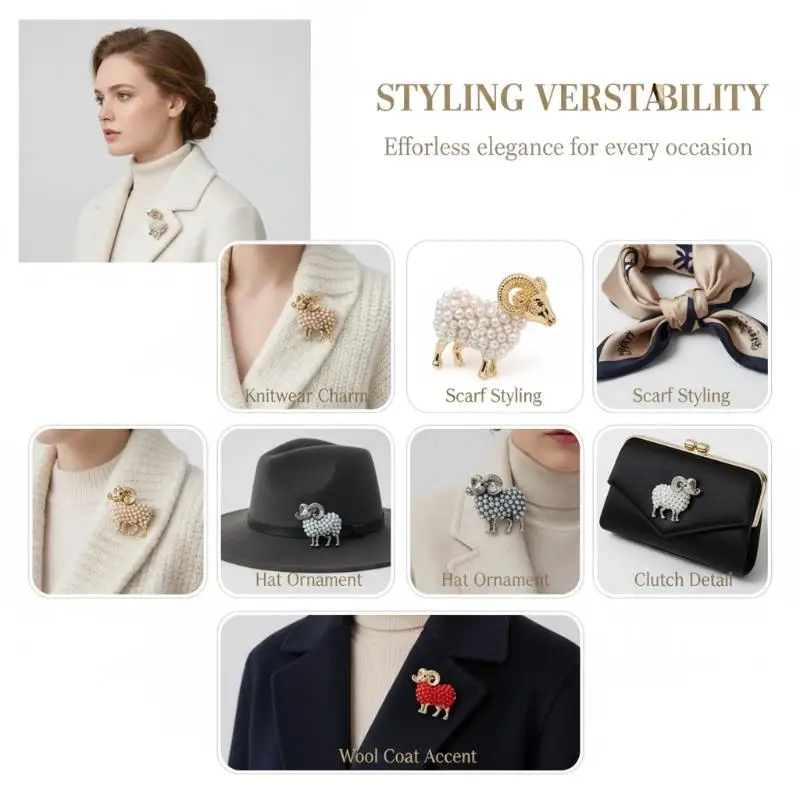Retro Imitation Pearl Goat Brooch Vintage Unisex Zodiac Animal Lapel Pin Fashion Jewelry for Valentine's Day Gift Choice