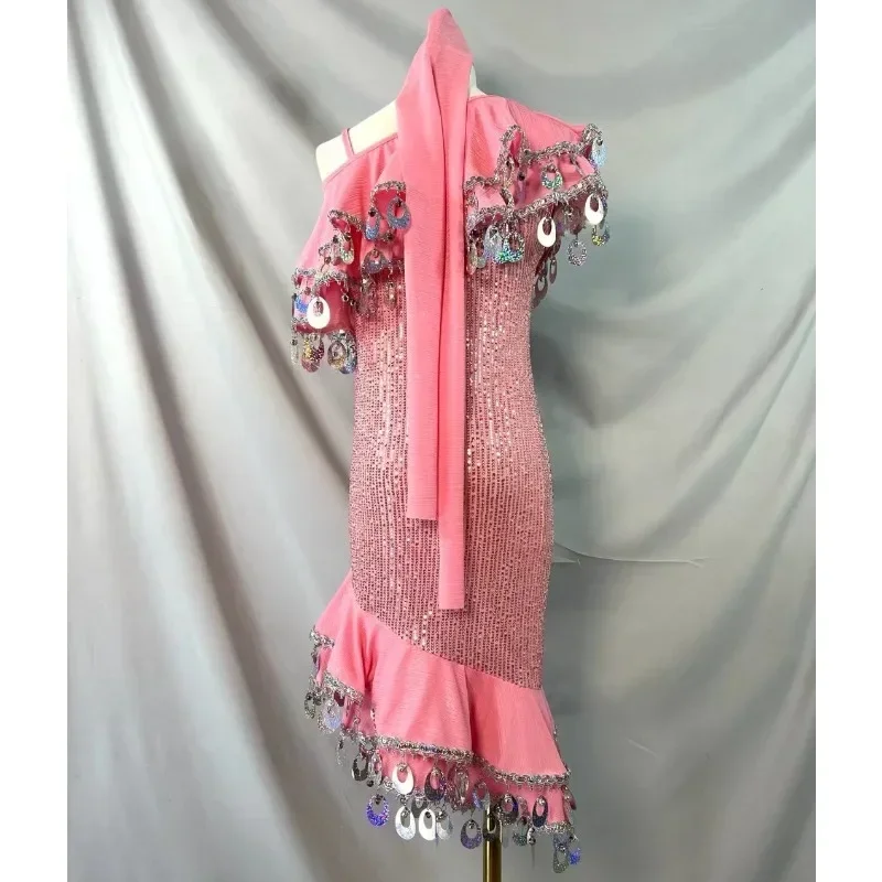 Kostium do tańca brzucha, cekinowa różowa orientalna spódnica Melaya, strój na zamówienie do występów i konkursów dla dorosłych i młodzieży.