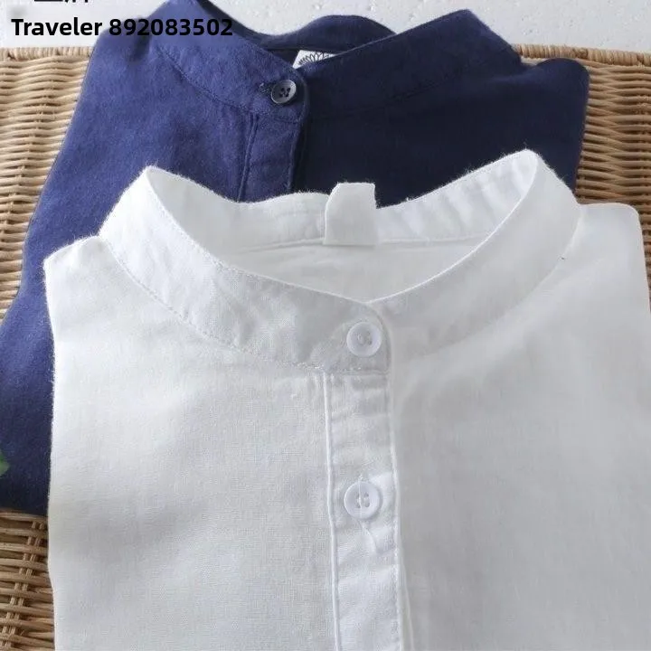

Men's Cotton Linen Short Sleeve Shirt Casual round Neck Breathable Lightweight Summer Top White Linen Material Loose Fit Shirt