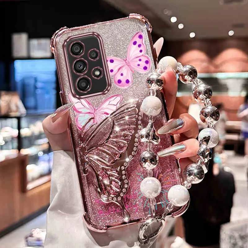 Strap Glitter Beautiful Love Phone Holder Case For Samsung Galaxy A13 A14 A15 A16 A24 A25 A34 A35 A36 A54 A55 A12 A22 4G 5G Back