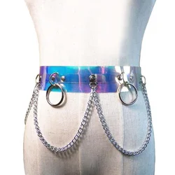 Harajuku Holographic Women Wide Waist Belts PVC Circle Punk Gothic Chain Link Metal Strap Fashion Black O-ring Punk Wide Belt