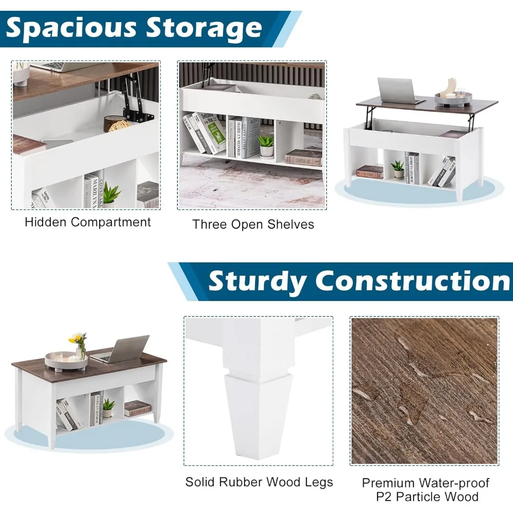 Lift Top Coffee Table with Storage Shelf w/Hidden Compartment and 3 Lower Open Shelves for Living Room,White