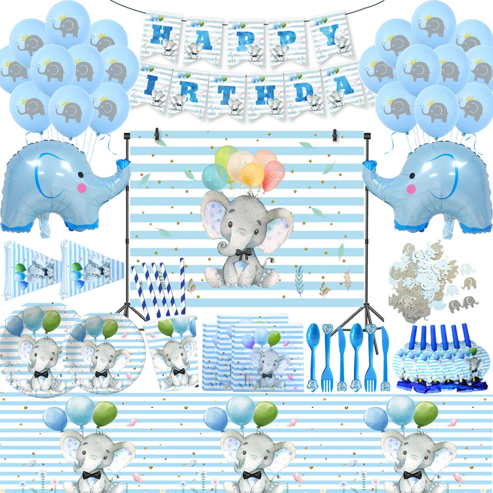 

Blue Elephant Birthday Party Decoration Disposable Tableware Paper Cup Plate Napkin Banner Pennant for Kids Baby Shower Supplies