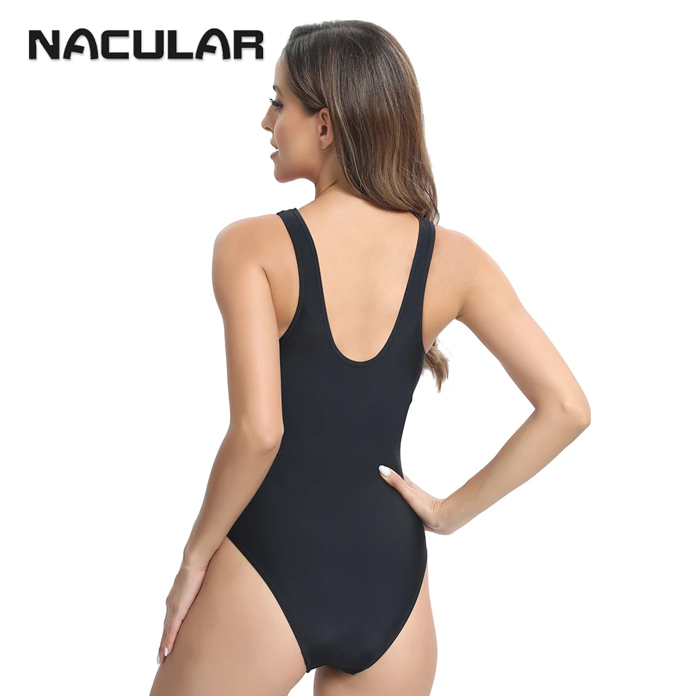 NACULAR One Piece Women Sports Swimwear color block Sports Swimsuit Patchwork Beachwear Bathing Suit Padded Monikini Body Suit