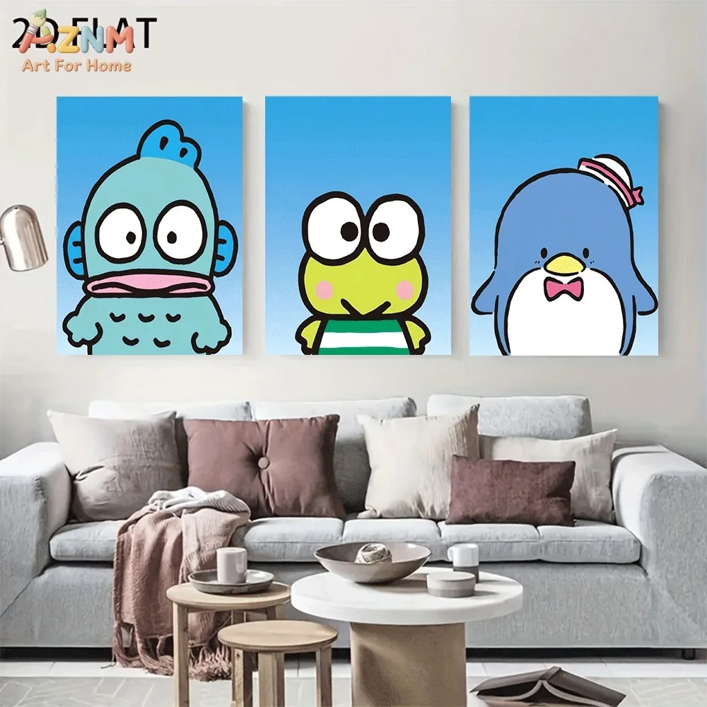 `Hangyodon Keroppi Tuxedo Sam Canvas Wall Art 3pcs Set, Blue Sky Cute Cartoon Poster, Kawaii Minimalist Canvas Print, No Frame`