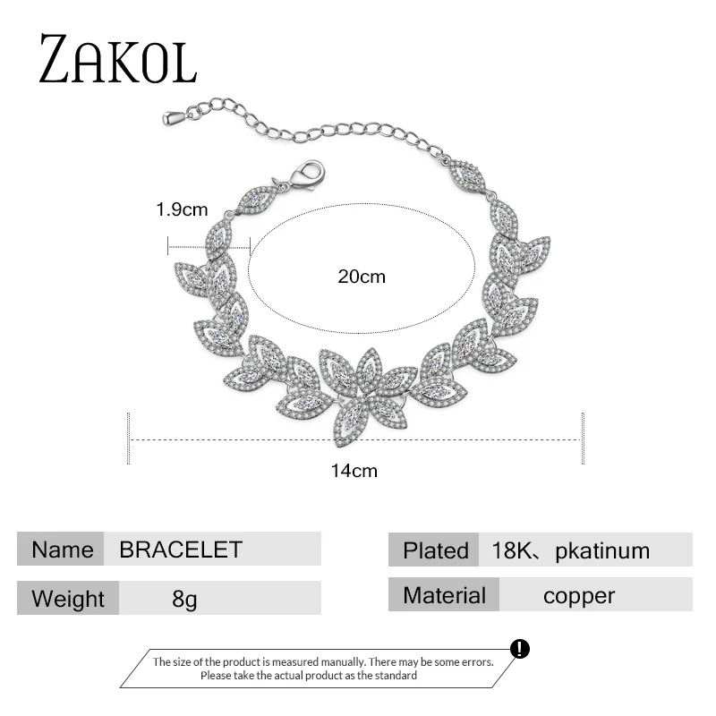 ZAKOL Fashion Zirconia Flower Charm Bracelets for Women Micro Paved Leaf Bracelet Bridal Wedding Party Jewelry