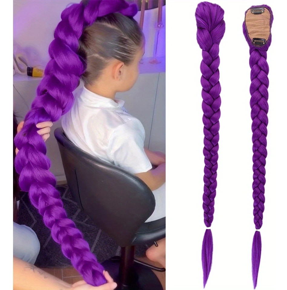 

26inch Anime Character Purple Long Hair Fishbone Braid Clip Ponytail Synthetic Wig | High Temperature Fiber, Curly Wave