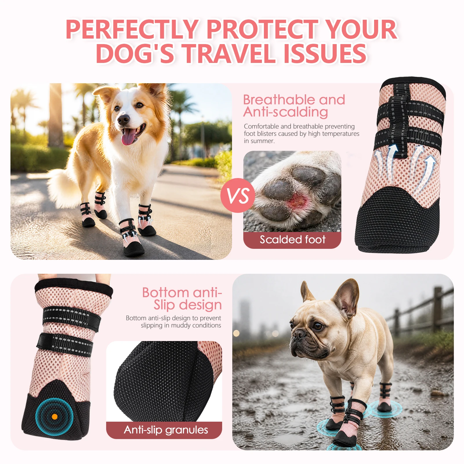 4 Stück Hundeschuhe Atmungsaktive Rutschfeste Hundeschuhe Pfotenschutz für Heißen Asphalt Outdoor-Spaziergänge Schmutz- und Insektenschutz – Detail 4