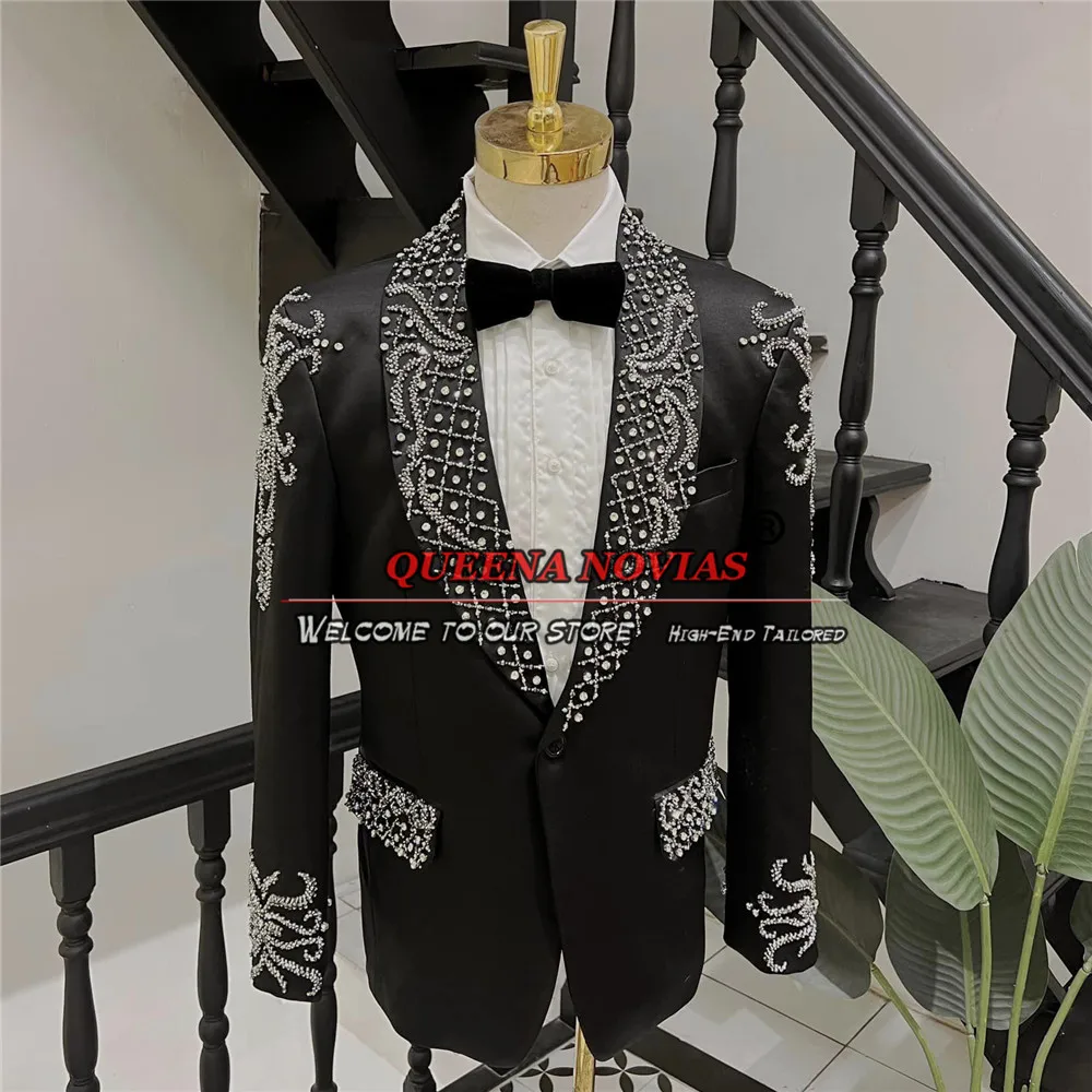 Abiti da sposo di lusso abiti da uomo cristalli che borda smoking da sposa pantaloni da giacca su misura 2 pezzi Blazer da festa per la cena di matrimonio da uomo