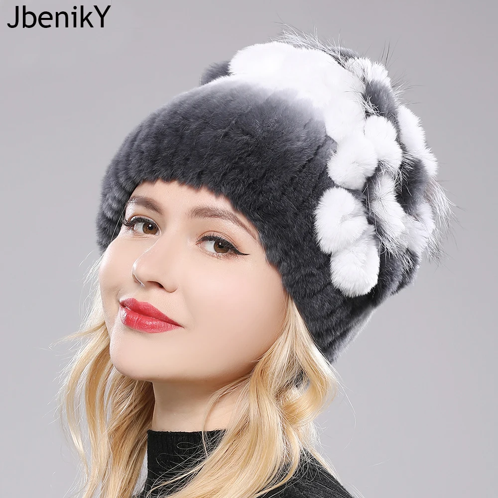 Fur Hats for Women Winter Real Rex Rabbit Hat Fox fur kniting female warm snow caps ladies elegant princess beanies cap