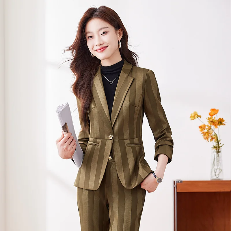 High-End Business Suit Women's Fashion Striped Temperament Casual Suit Jacket Business Interview Formal Wear Skinny Work Clothes