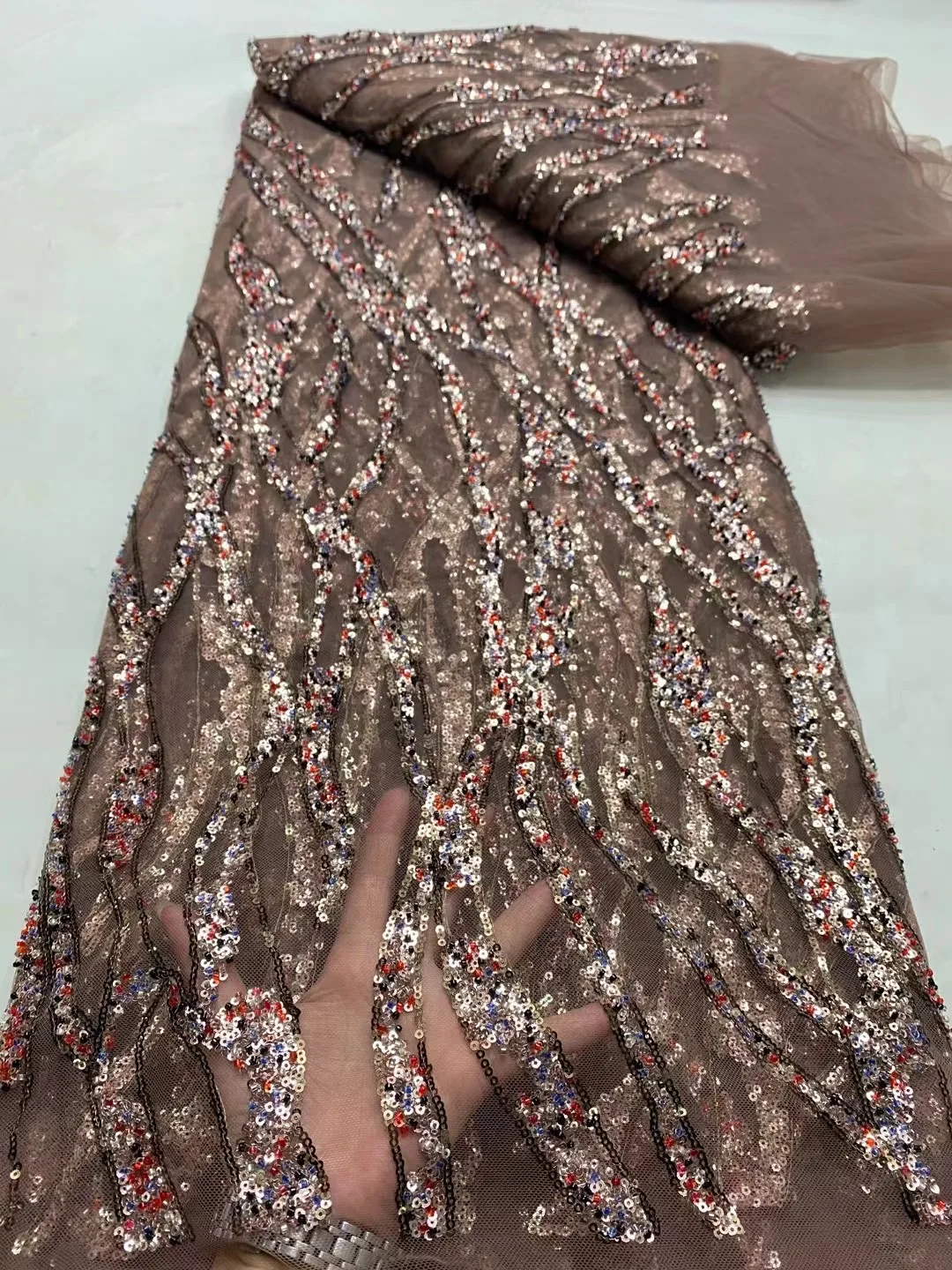 2024 High Quality African Nigeria Tulle Lace Fabric Sequins French Embroidery Wedding Party Dress Beads Stone 5Yards DP0282