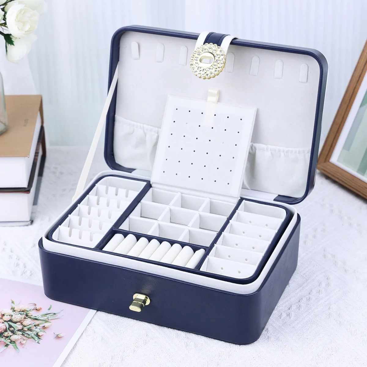 New double-layer PU large capacity earrings jewelry box Earrings ring multi-functional jewelry box jewelry storage box