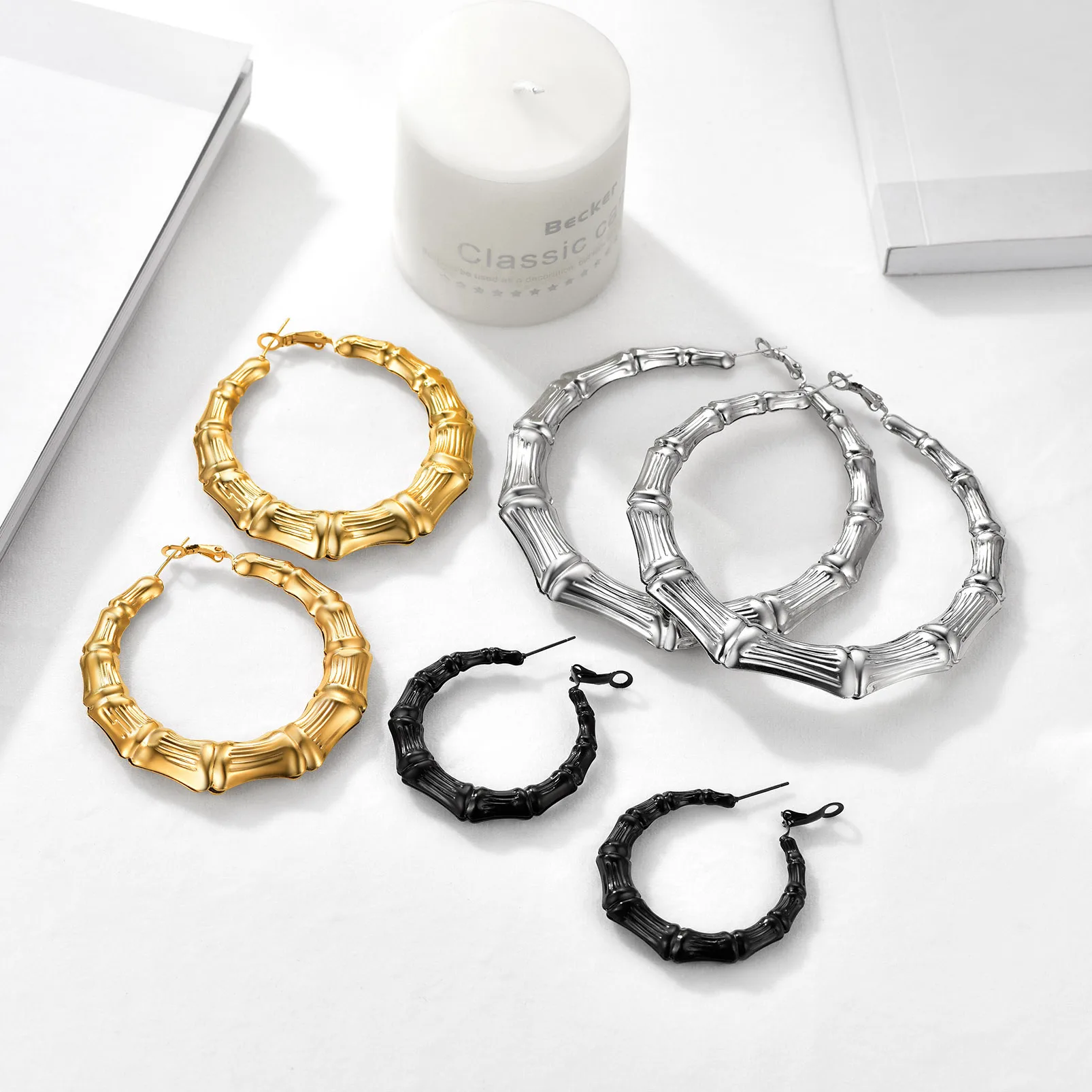 Bamboo Hoop Earrings Diameter 40mm/60mm/80mm for Women Stainless Steel Hypoallergenic Hyperbole Jewelry