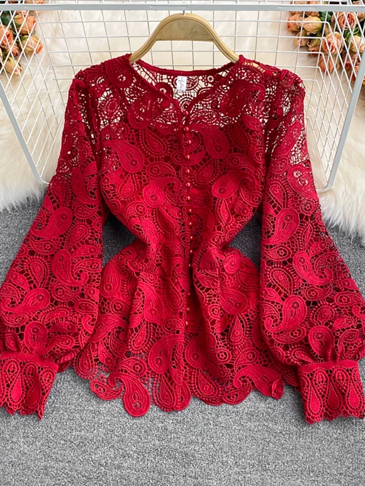 Sweet Memory Vintage Red/White/Pink Hollow Out Lace Blouse Women Elegant Lantern Long Sleeve Single Breasted Tops