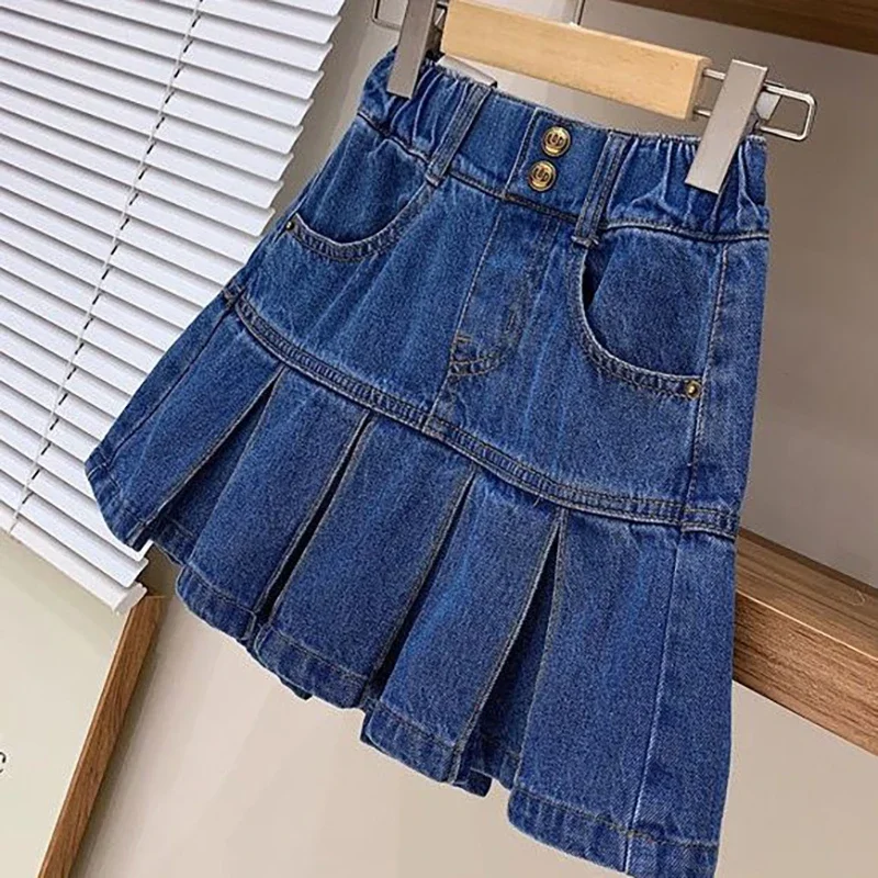 Girls\' Denim Skirt Pants 4-12Y Children\'s Summer Clothing Spring Autumn College Style High Waisted Washed Denim Pleated Skirt