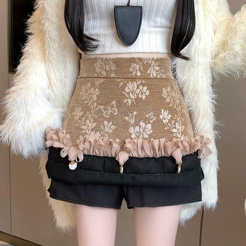 刺繍ジャカードミニスカート 2025 春夏ハイウエスト A ラインフリルミニスカートヴィンテージすべて一致ストリート