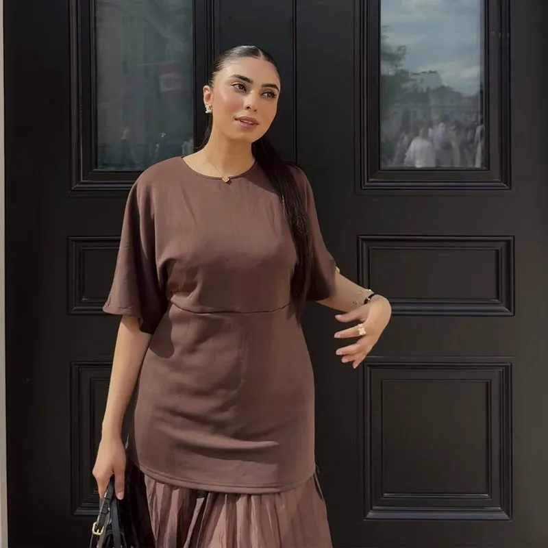 HXAO une pièce femmes robe d'été longue tricotée élégante robes de soirée épissage plis en mousseline de soie à manches courtes décontracté robe féminine
