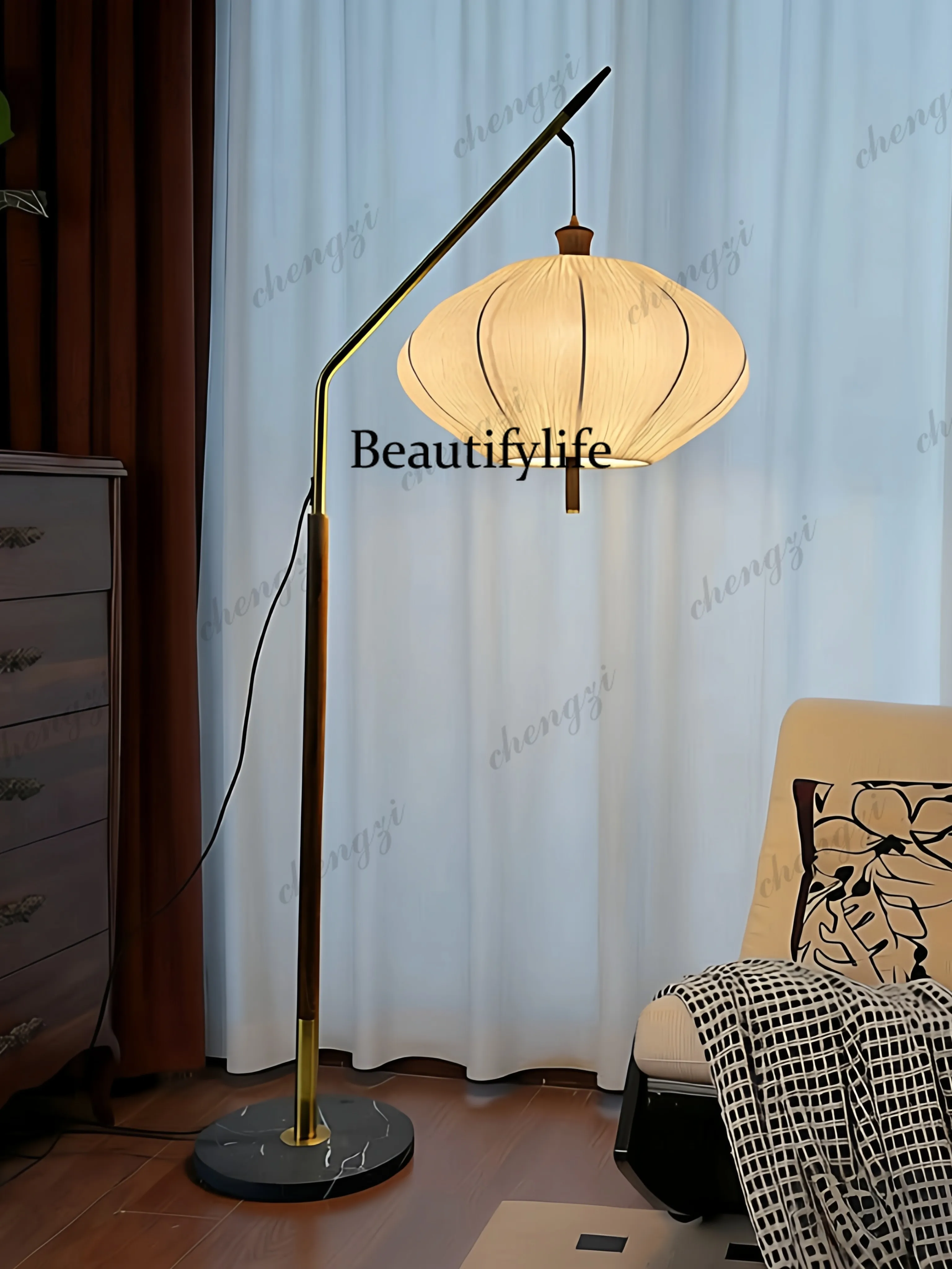 Medieval floor lamp, next to the new living room sofa, retro fabric vertical table lamp