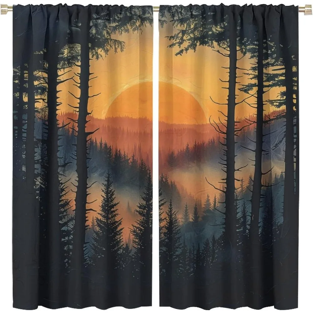 

2pcs Forest Sunset Light Print Blackout Curtains Living Room and Kitchen Decor, Semi-Sheer Privacy Window Drapes for Various Roo