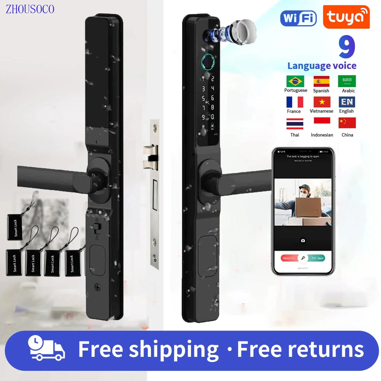 

Waterproof Camera Outdoor Fingerprint Lock TUYA WIFI APP RFID Card Code Keyless Smart Electronic Door Lock Aluminum/Glass Slidin