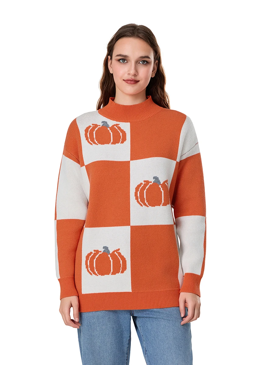 Women's Halloween Pumpkin Sweater Loose Checkerboard Mock Neck Long Sleeve Pullover Knit Tops Casual Streetwear