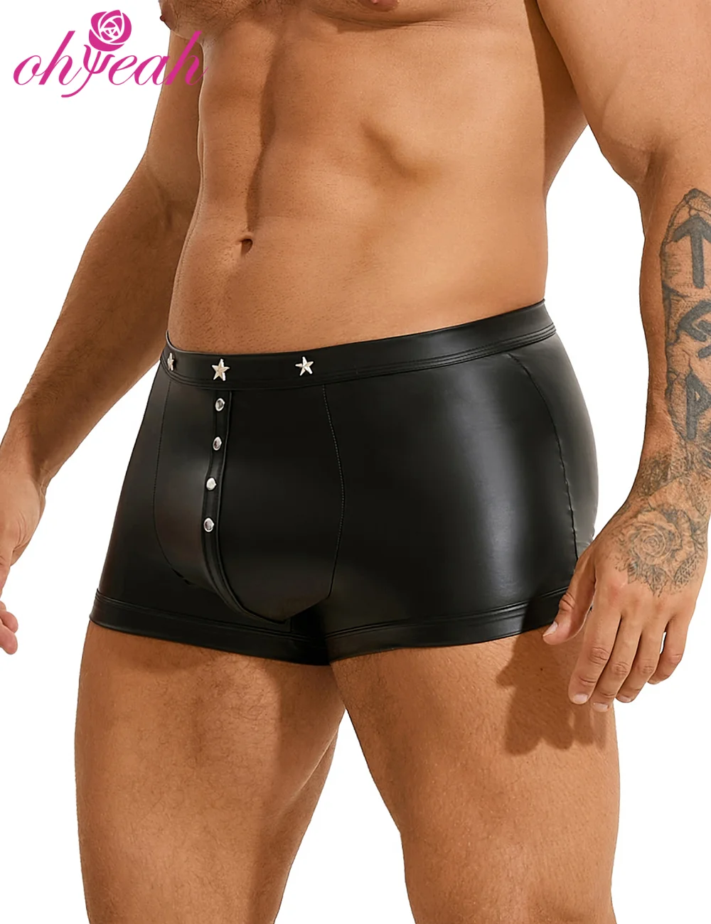 Black PU Leather Boxer Briefs for Men Sexy Rivets Studs Punk U-Shaped Pouch Comfort Square Cut Plus Size