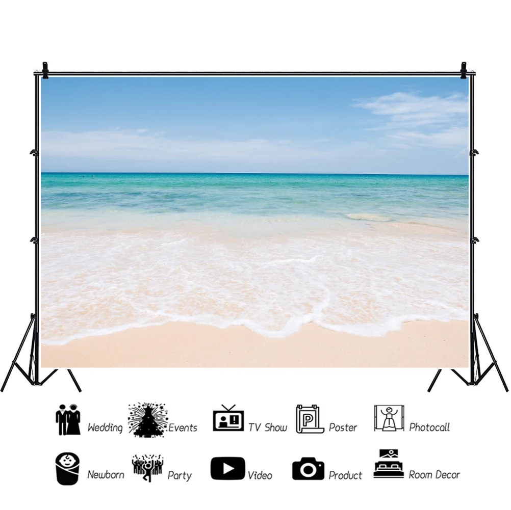 Laeacco Summer Beach Photography Background Seaside Sand Blue Water View Sky Coulds Wedding Holiday Vacation Portrait Backdrop