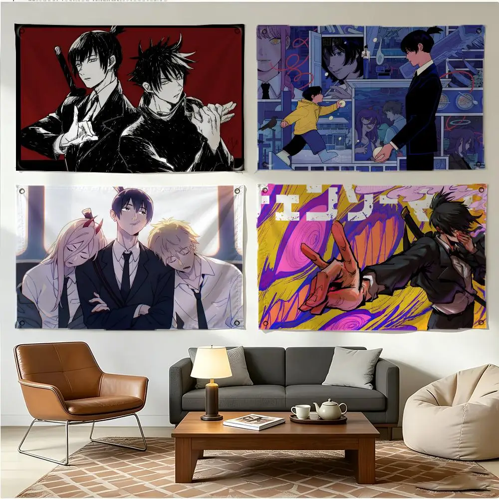 Anime Character Chainsaw Man Aki Hayakawa Flags Four Ring Borderless Art Decor Indoor Outdoor Use Simple Hang And Install