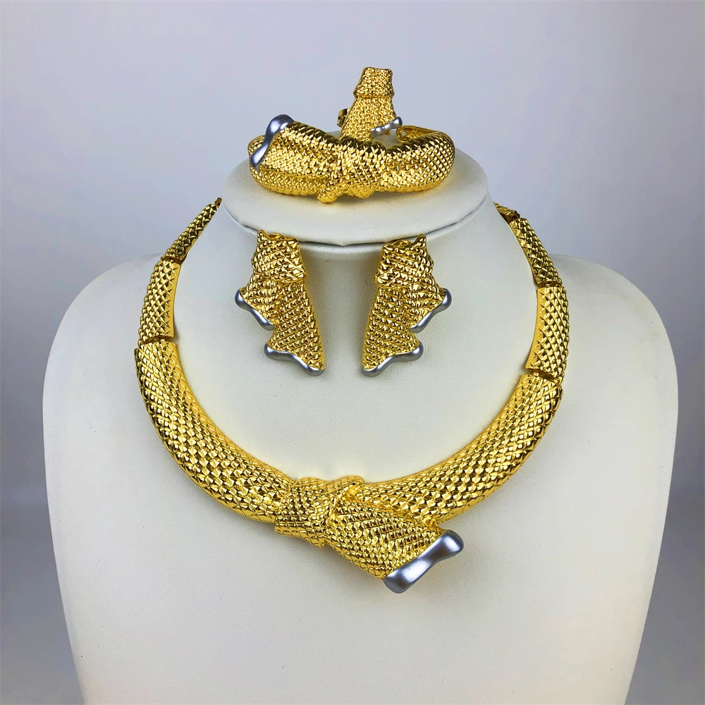 ESALE Fashion Dubai Gold Plated Women Jewelry Italian Design Style Big Necklace Banquet Festive Earrings Ring Accessories