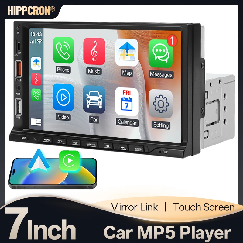 

Автомобильная магнитола Hippcron 7 дюймов 1DIN MP5 с поддержкой Carplay, Android Auto, Bluetooth, USB-зарядкой, AUX, TF, Mirror Link и камерой