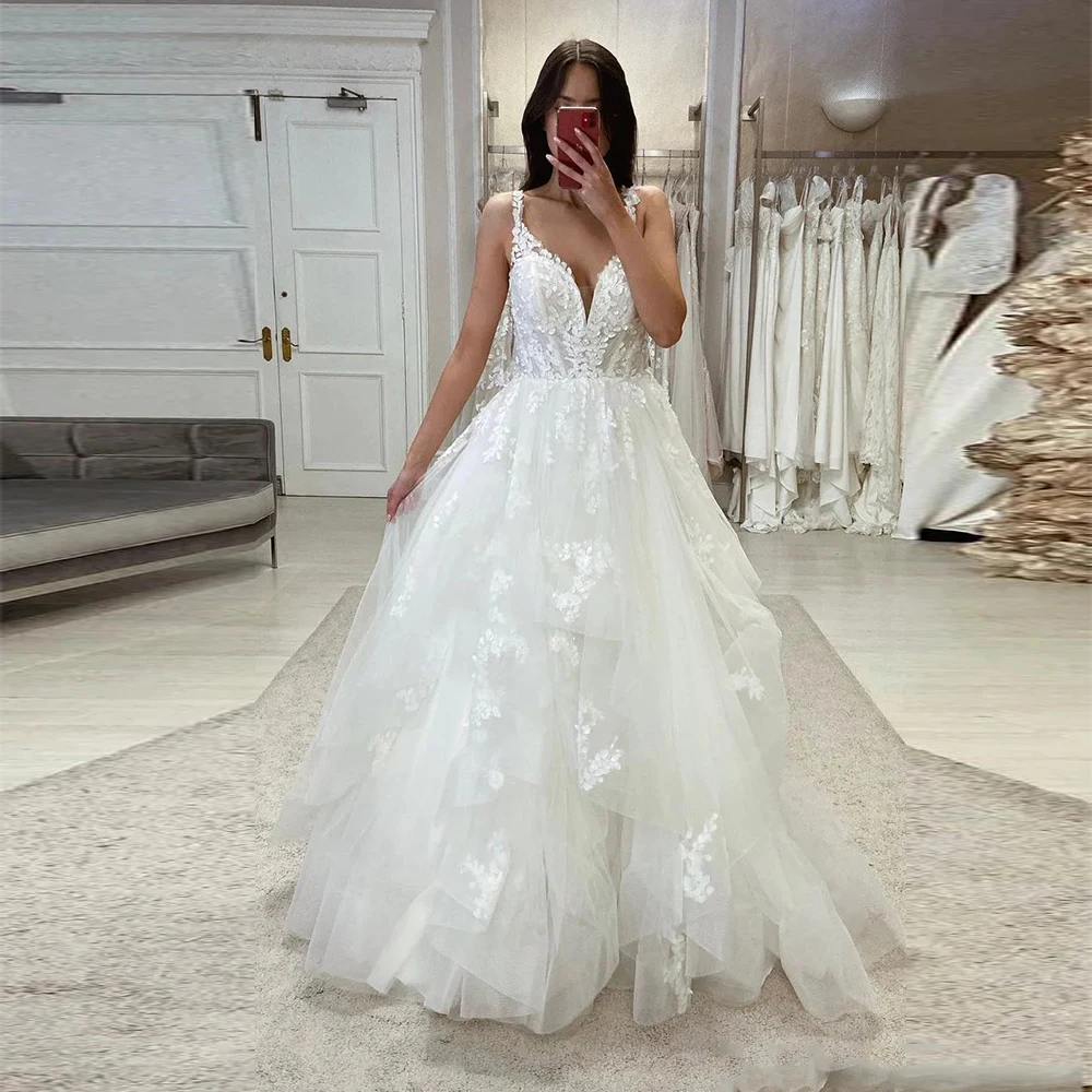 Vestido de baile sem mangas com decote profundo personalizado com apliques, off-ombro, princesa vestido nupcial, lindos vestidos de casamento, apliques de luxo, 2023