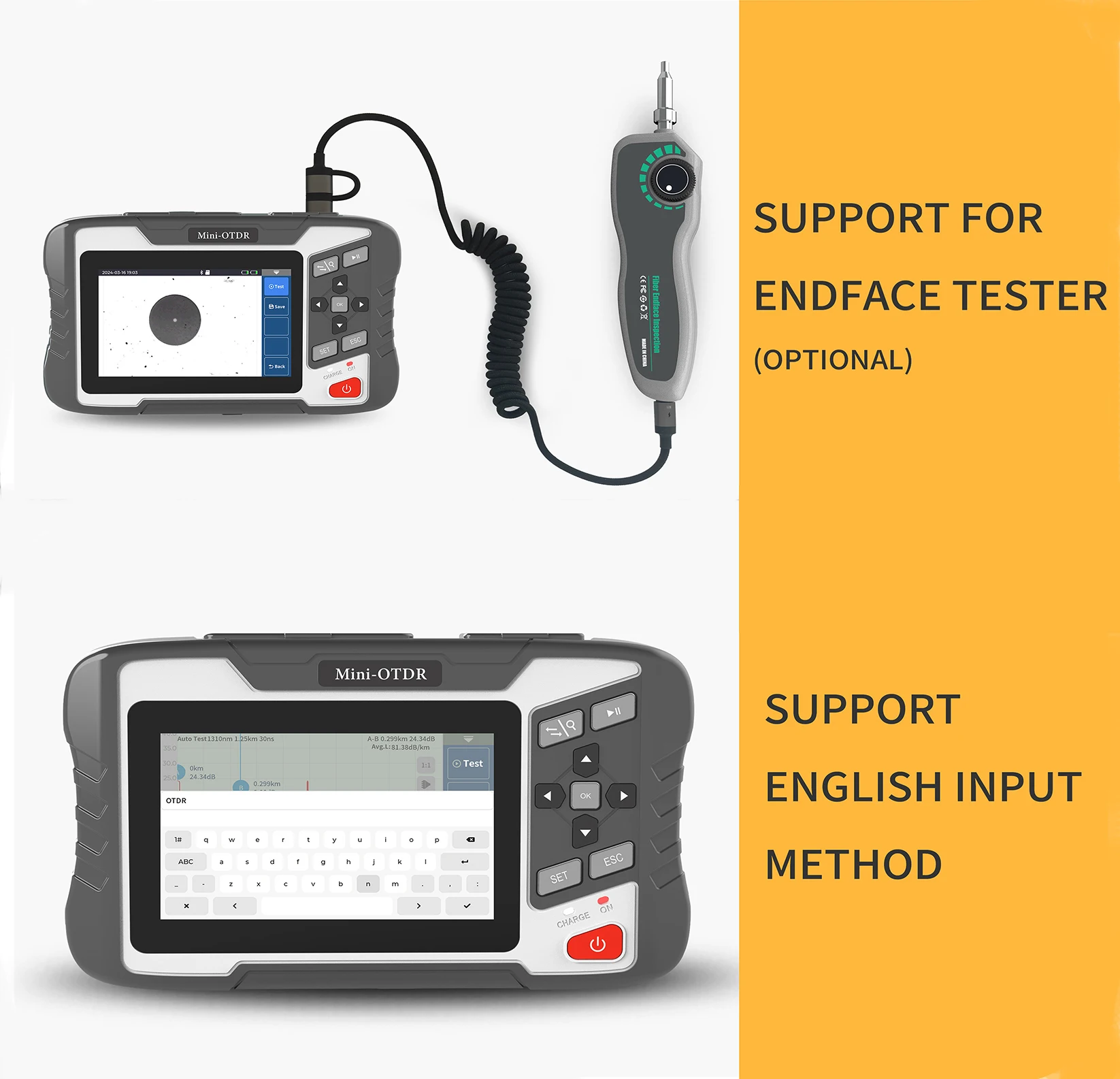 Mini testador portátil de fibra óptica otdr, faixa dinâmica de 26/24db 1310/1550nm com vfl ols opm para rede ethernet telecom/ftth/catv