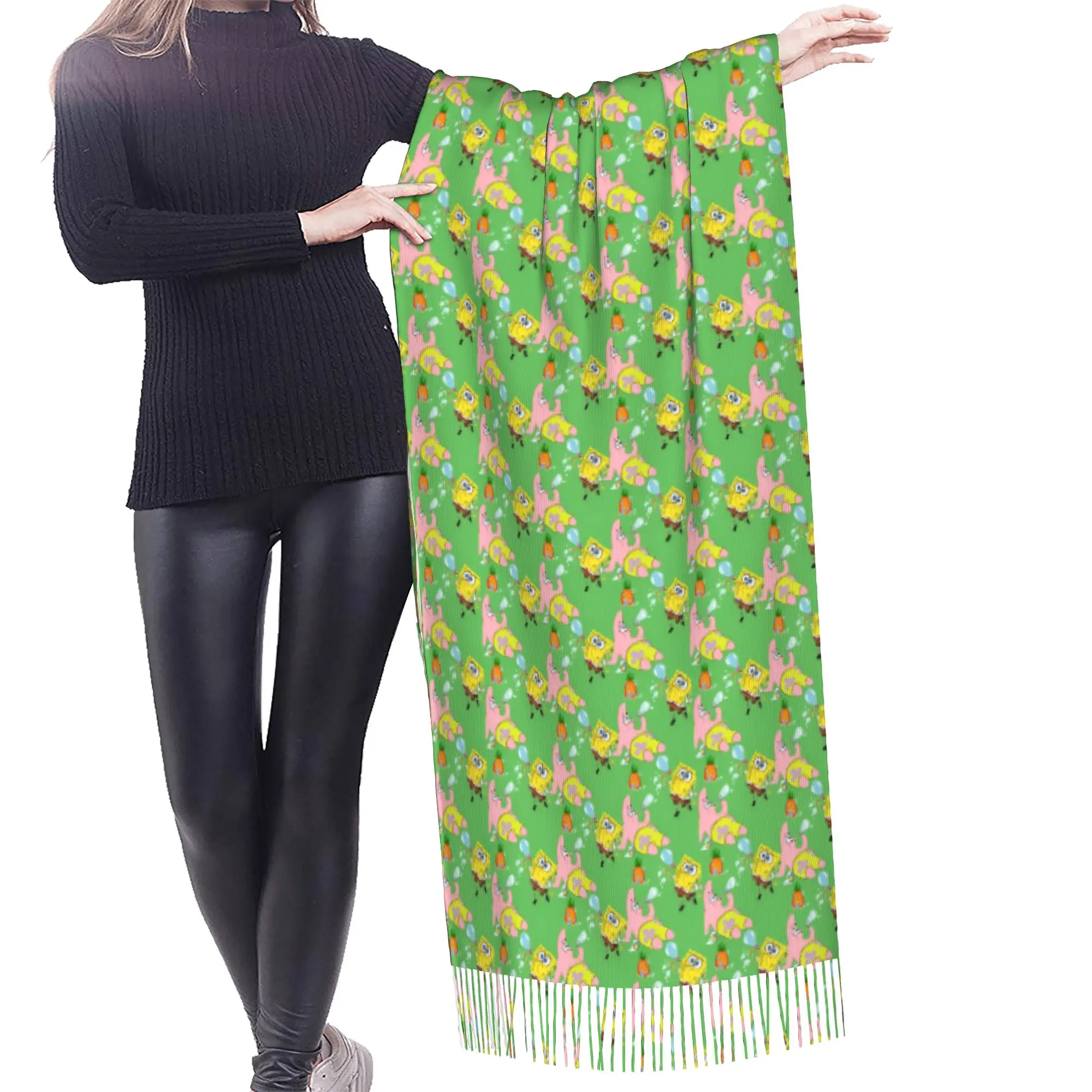 Custom Lady Long S-Sponges Anime Bobes Scarves Women Winter Thick Warm Tassel Shawl Wraps Starfish Cartoon Scarf