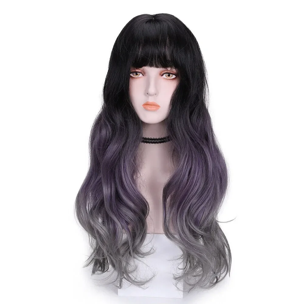 Wig rambut Cosplay wanita alami bergelombang Ombre panjang campuran cantik modis